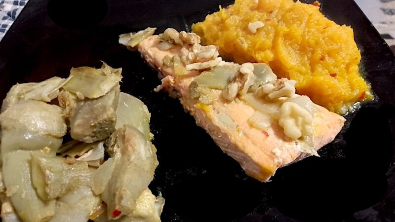 Easy Spicy Cooking! TROTA SALMONATA CON CUORI DI CARCIOFI E PUREA DI ZUCCA. Le Ricette “Work in Progress” di Parsifal